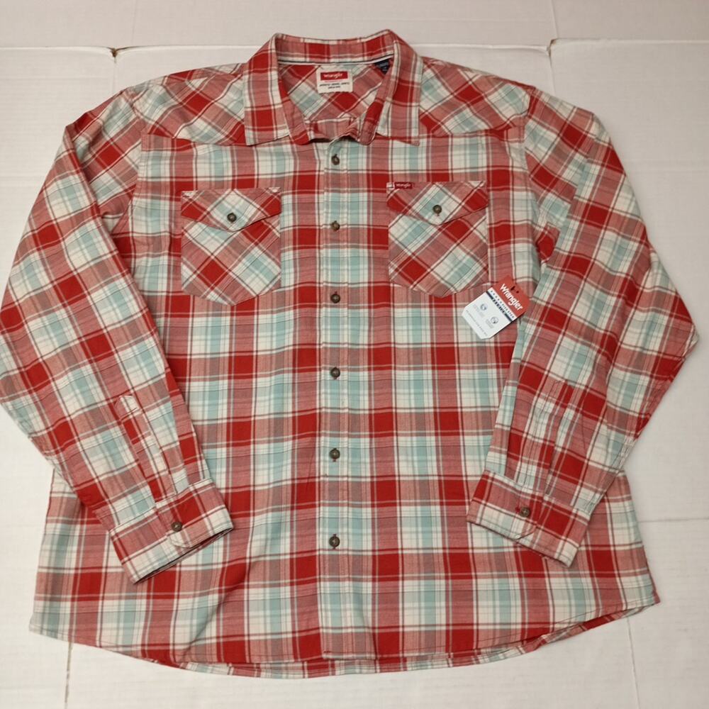 Wrangler Cowboy Wash Shirt Men's Size 2XL Red Sky Blue Plaid